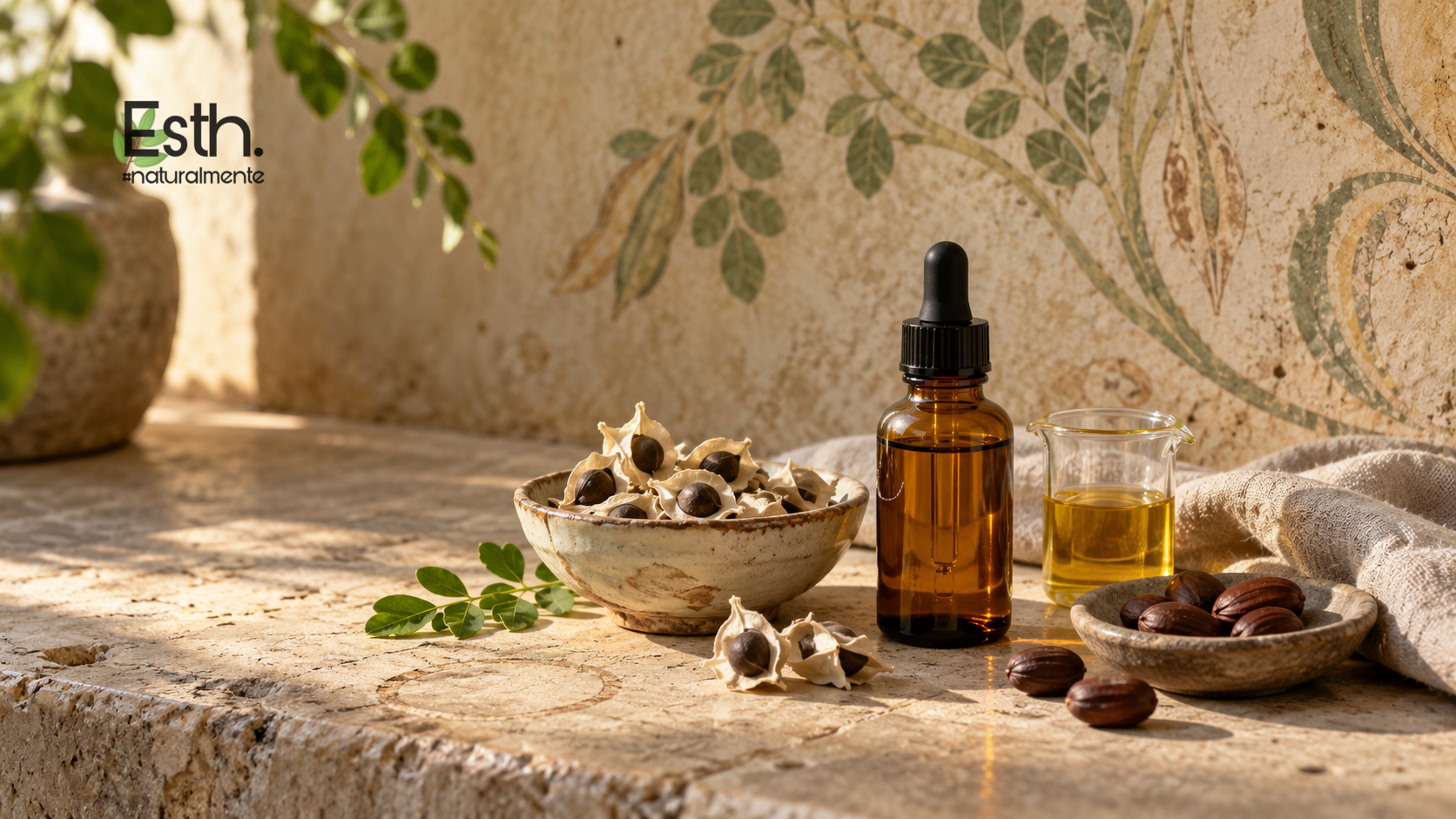 Aceite facial de moringa y jojoba en un frasco de vidrio ámbar, acompañado de semillas y aceites vegetales.
