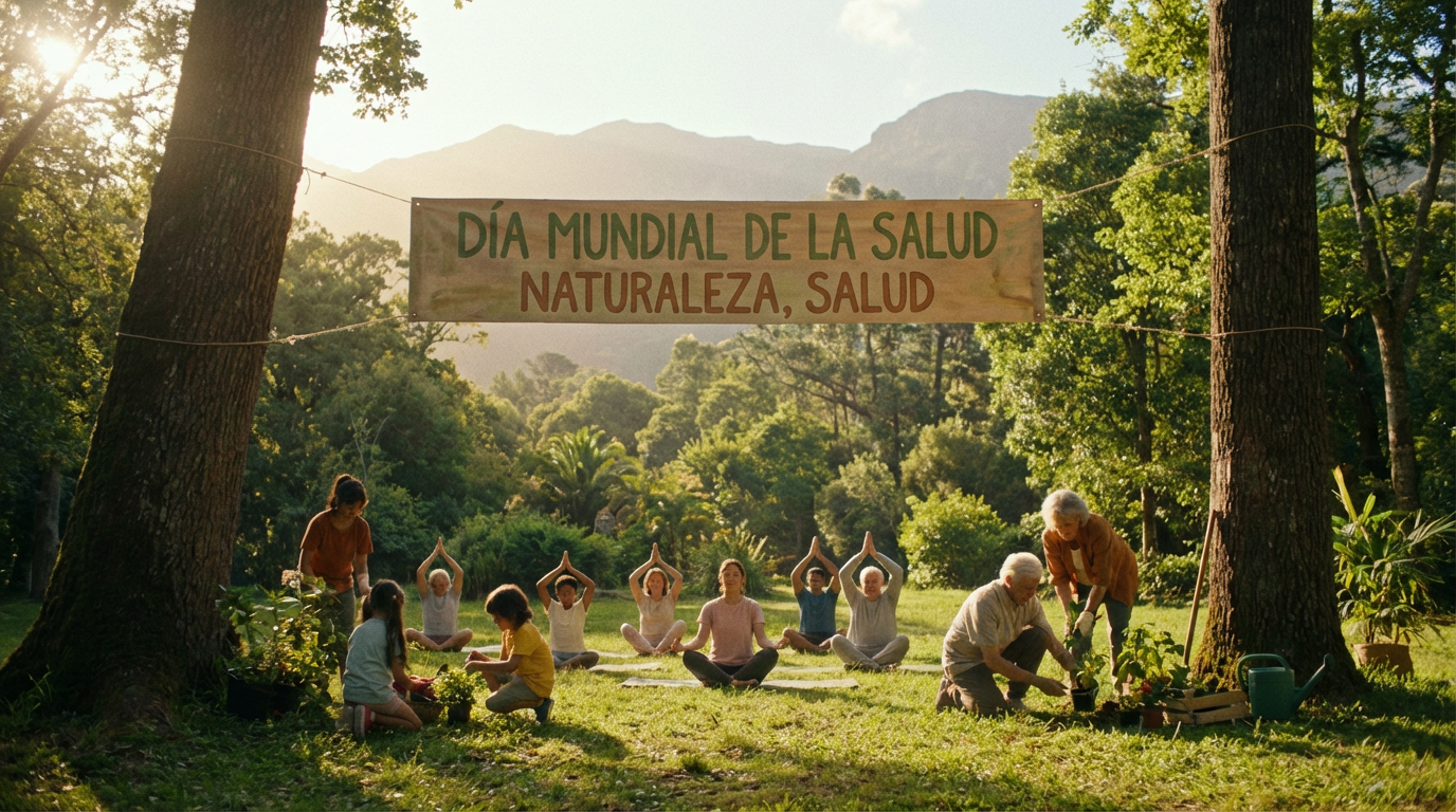 People practicing yoga and gardening outdoors under a banner for World Health Day