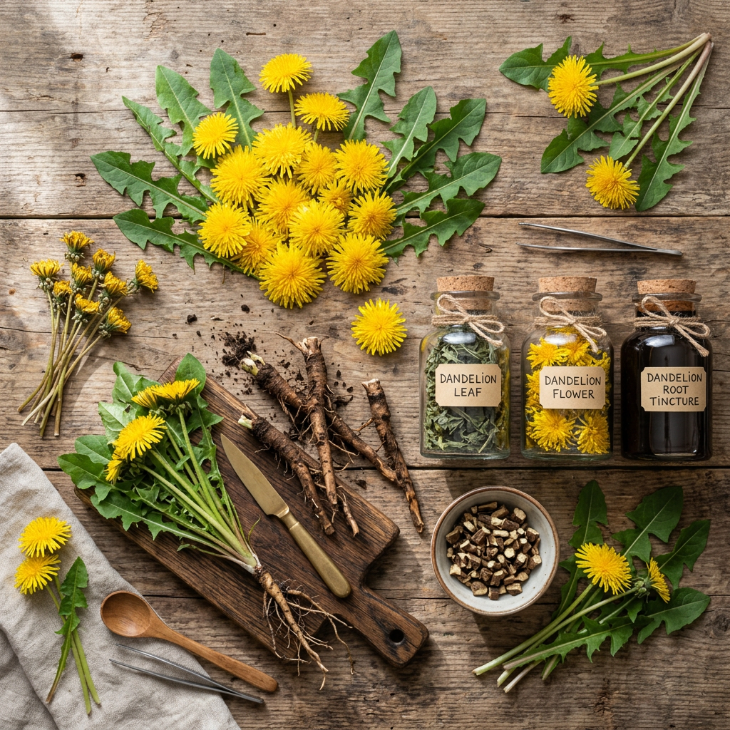 Dried and fresh dandelion leaves, flowers, roots, and tincture bottles labeled