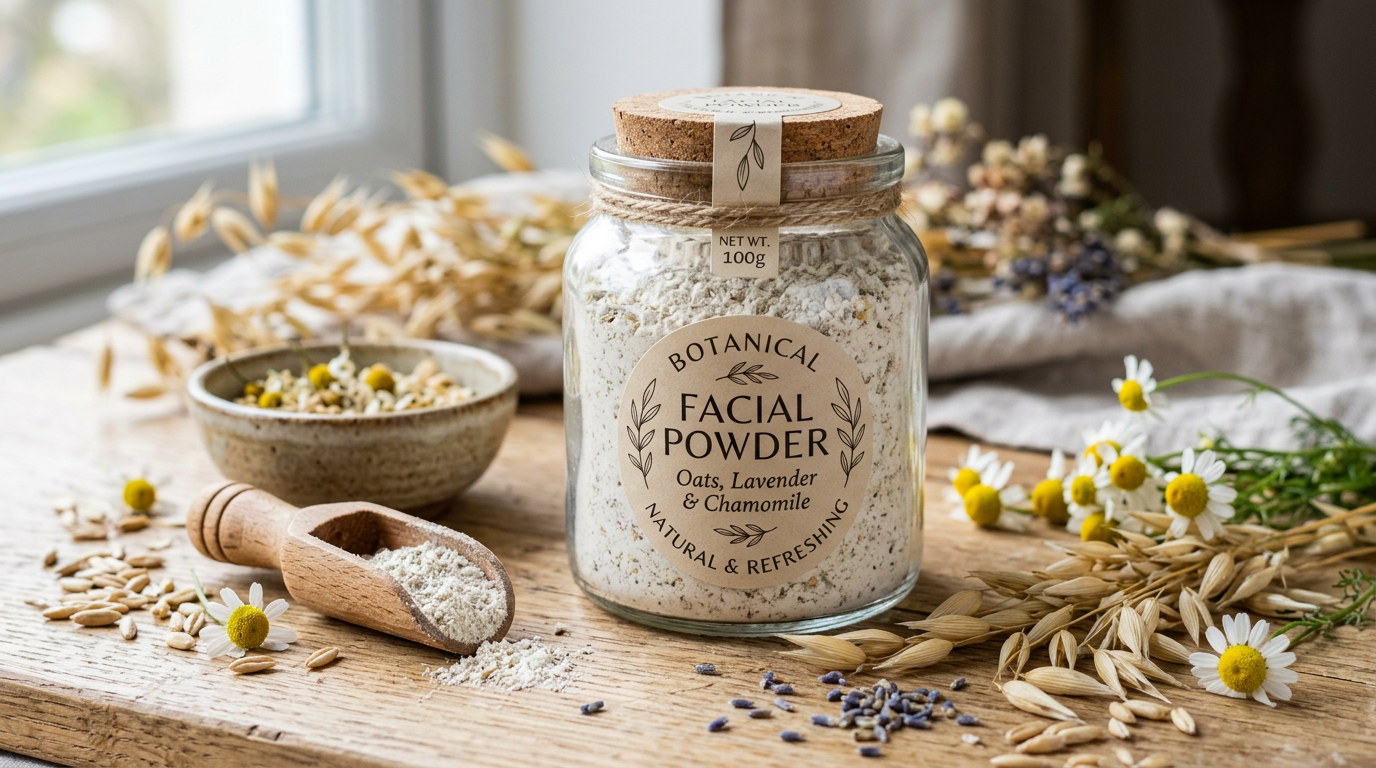 Glass jar of botanical facial powder labeled oats lavender and chamomile on wooden surface with flowers and grains