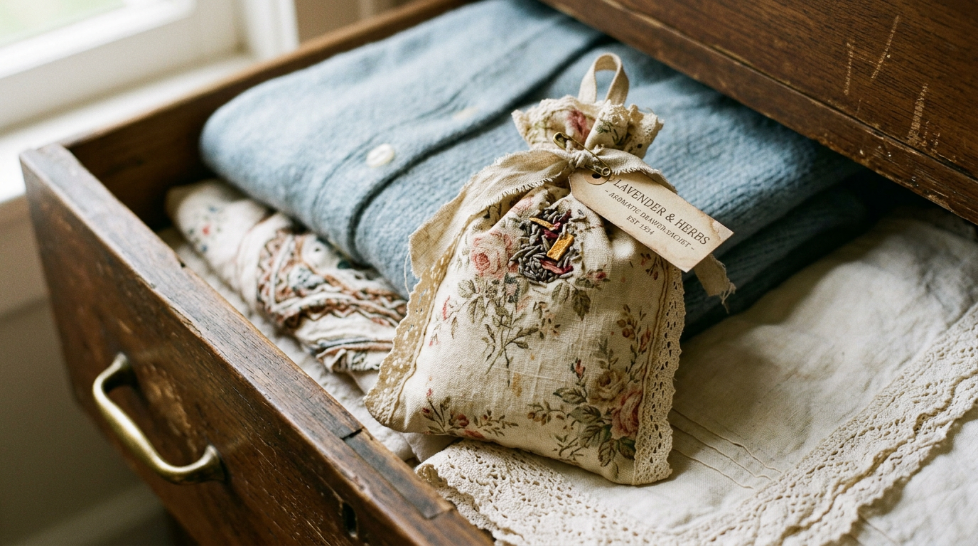 Floral lavender and herbs sachet on folded linens inside a wooden drawer
