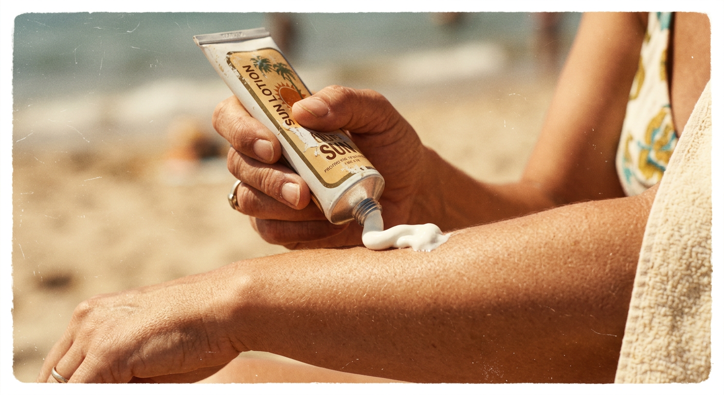 Hand applying white sun lotion from a tube onto forearm with sandy beach background