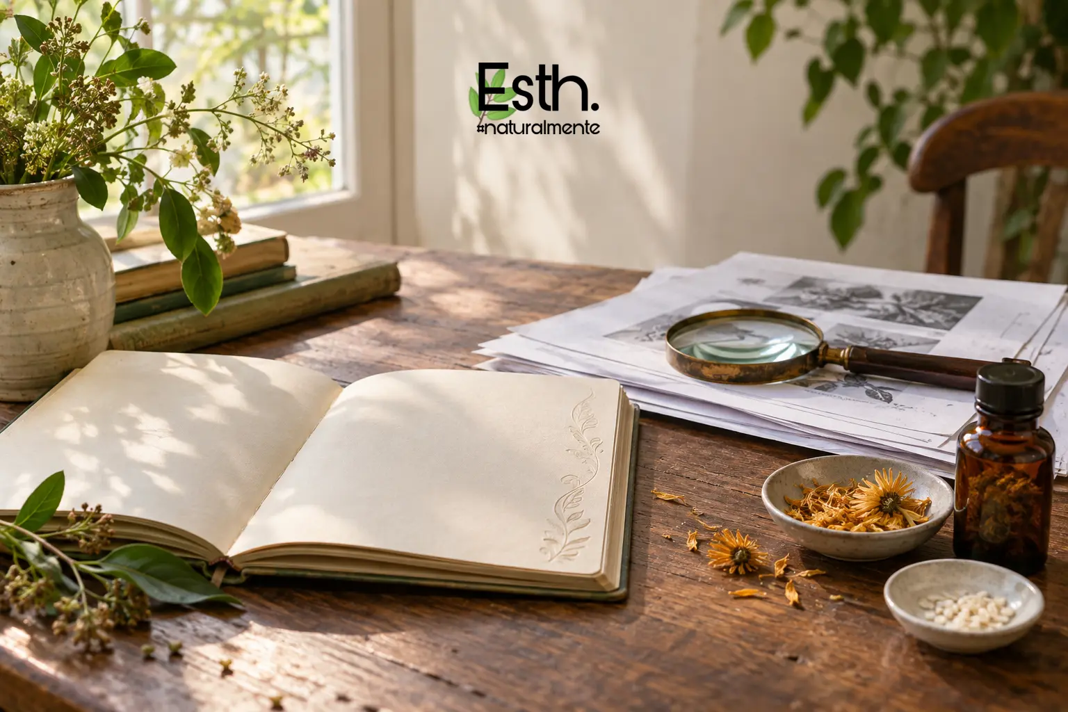 Cuaderno abierto, lupa y láminas botánicas sobre una mesa de madera, junto a flores secas y un frasco ámbar.